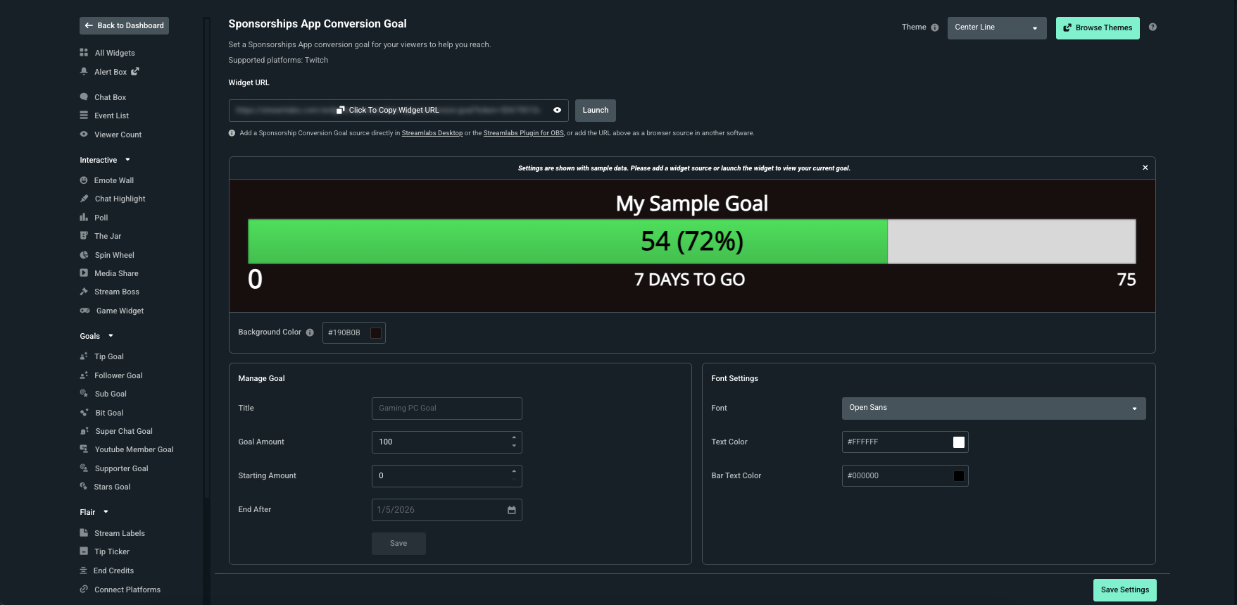 Sponsorship App Conversion Goal setup screen
